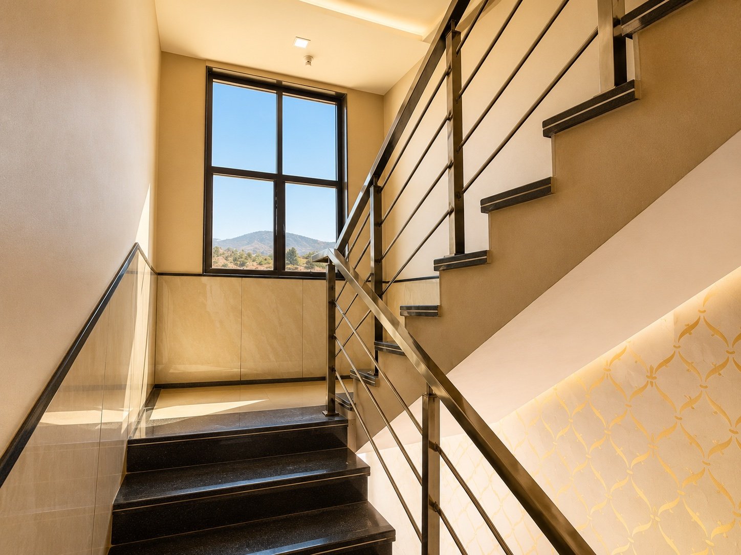 Staircase inside Hotel Trident Inn with hill view window