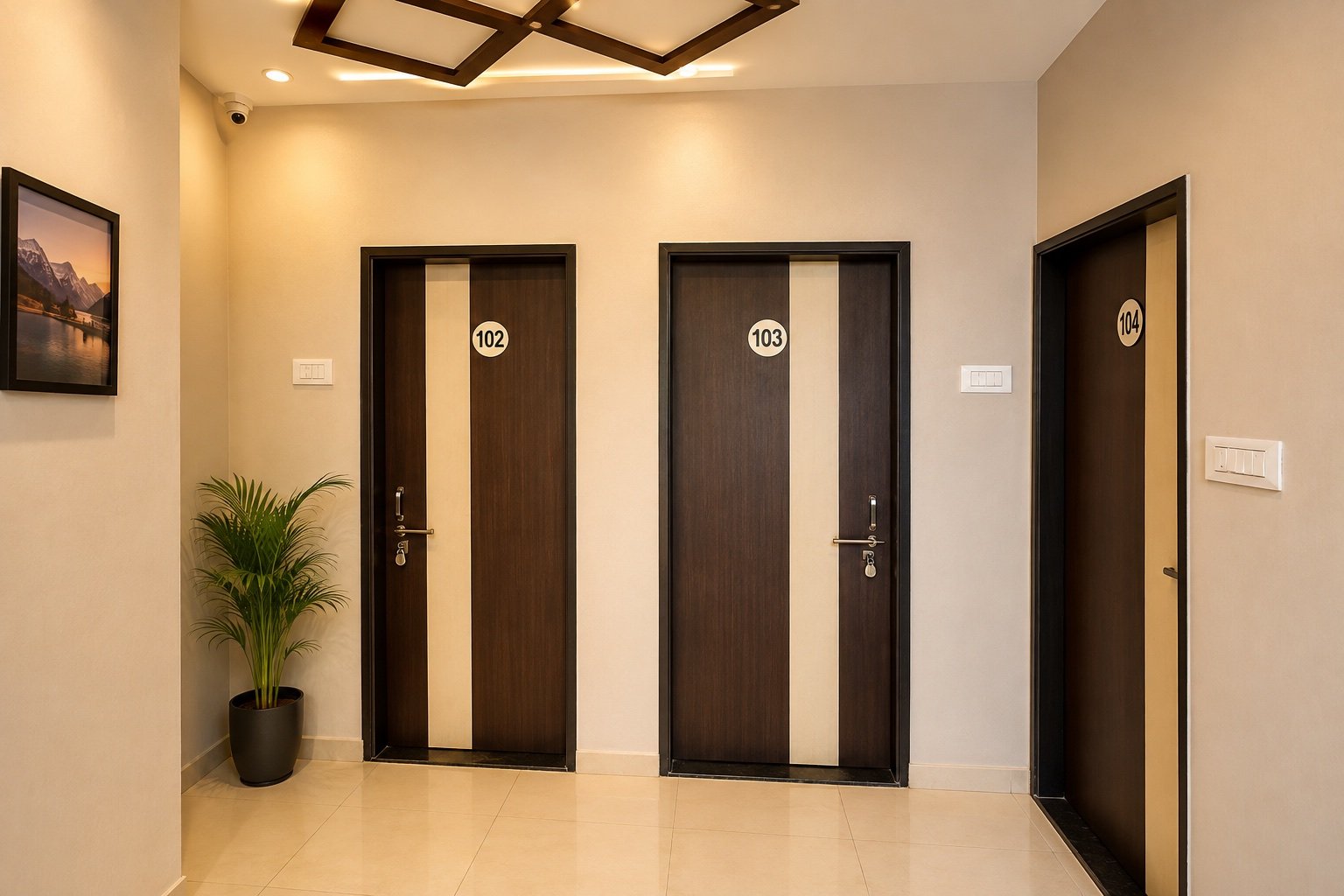 Guest room corridor with numbered doors