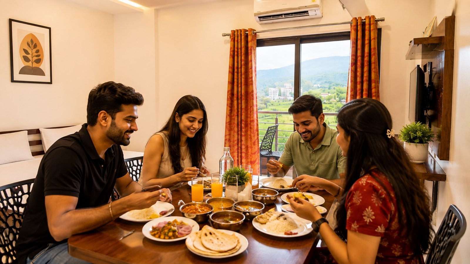 Guests enjoying a home-style meal together at Hotel Trident Inn