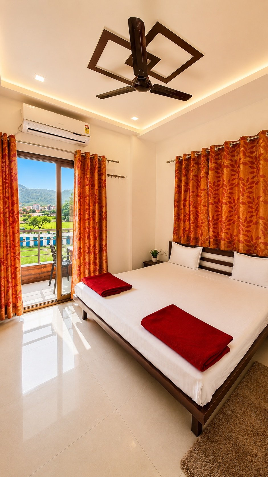 AC room with balcony view of the hills