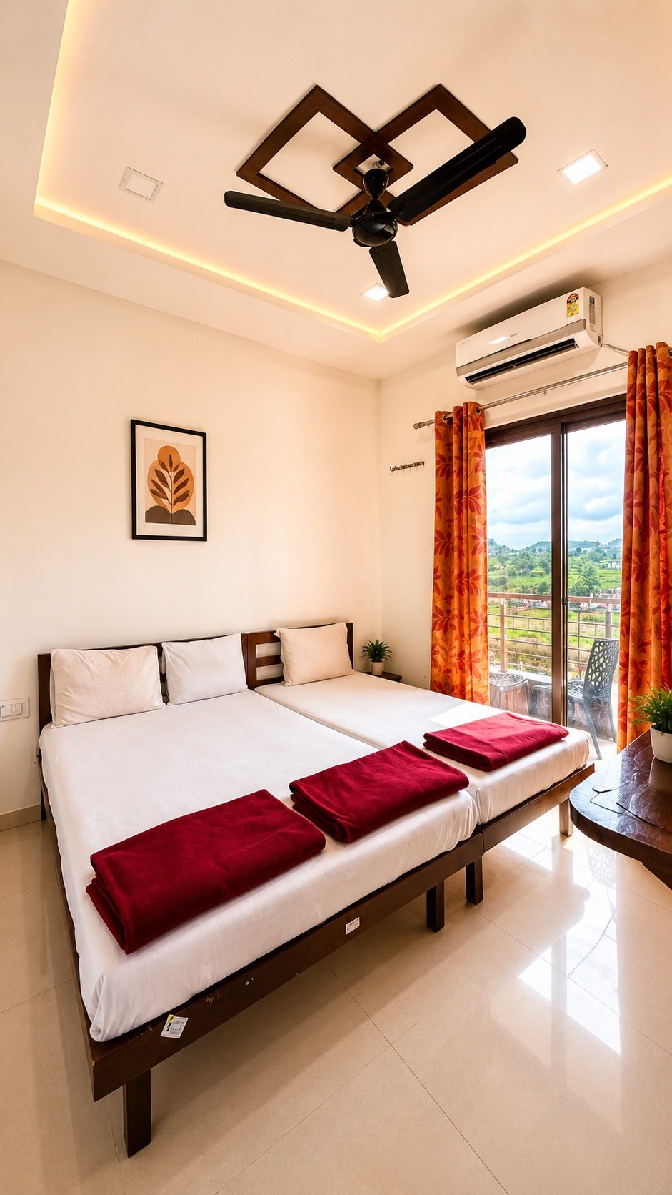 Room with a single bed and a private balcony view of the hills