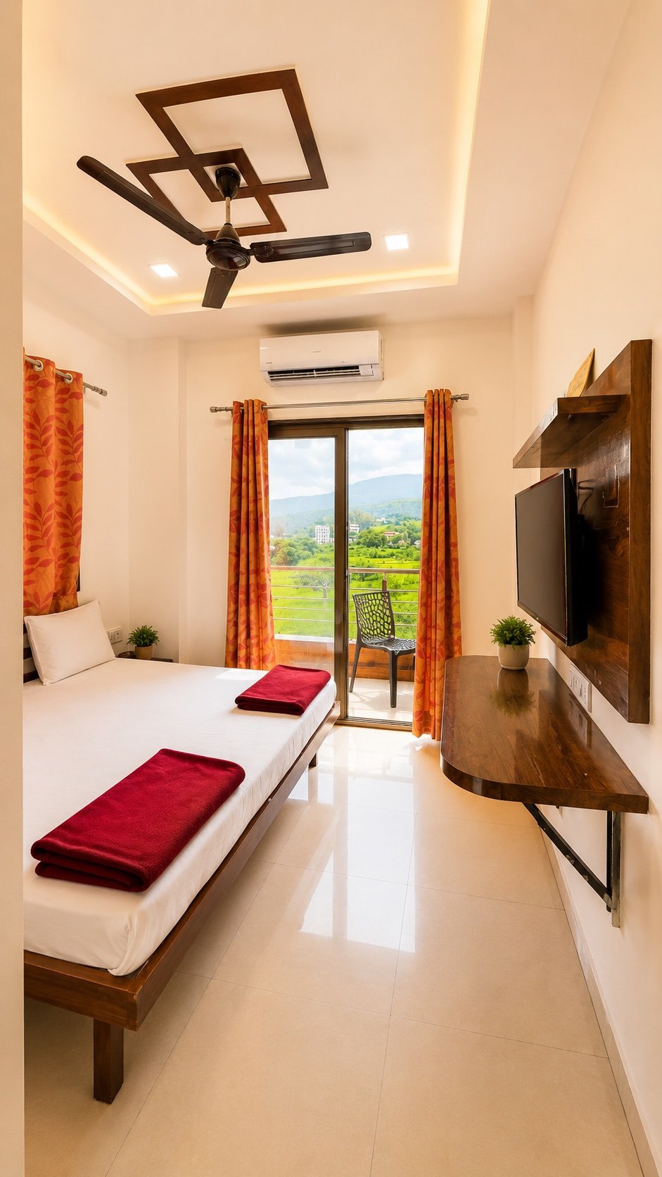 Non-AC room with bed, TV and balcony access