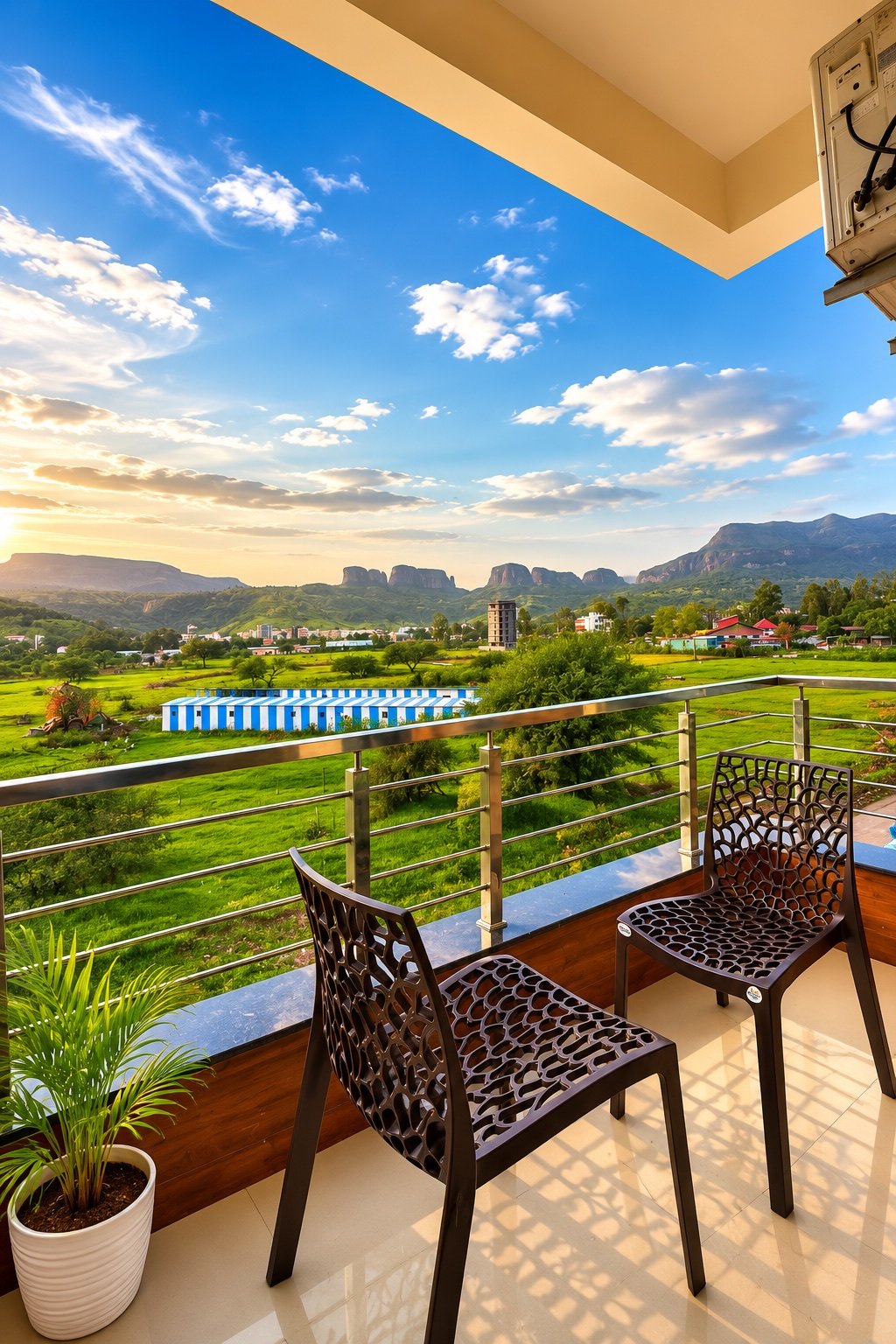 Sunrise view of the Trimbakeshwar hills from a guest balcony